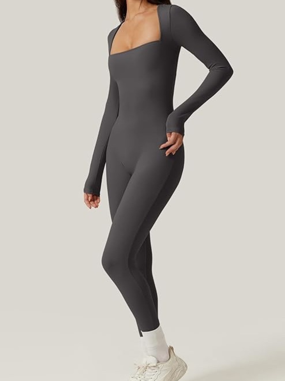 NWT Sculpting Long Sleeve Square Neck Jumpsuit Charcoal Gray